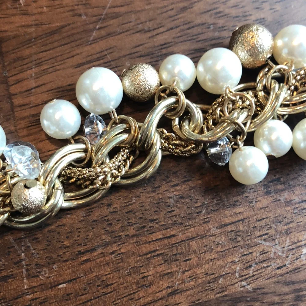 Goldtone Bracelet Bundle Lot 9 Piece Stacking Bangles Chunky Chain Faux Pearl